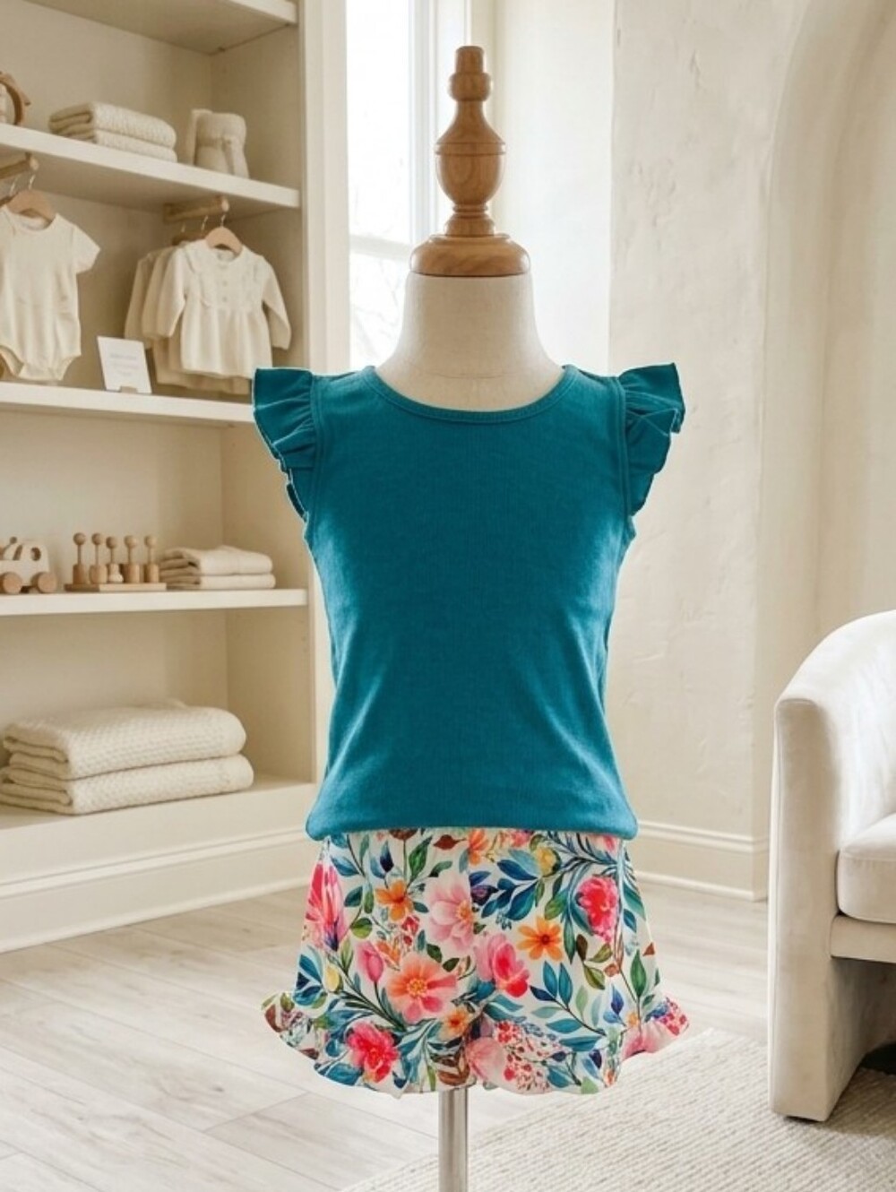 Millie Loves Lily Teal Ribbed Ruffle Cap Sleeve Top & Bright Floral Shorts Set